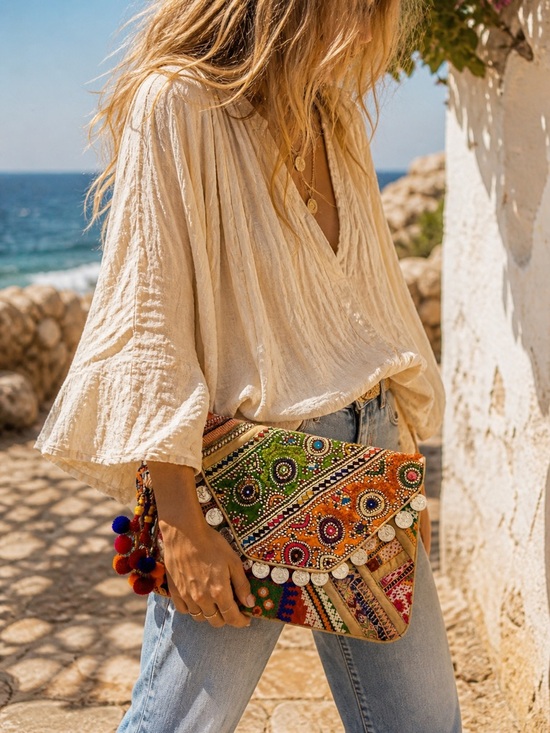 Antik Batik Handbags - ANTIK BATIK Banjo Embellished Clutch Multi Green